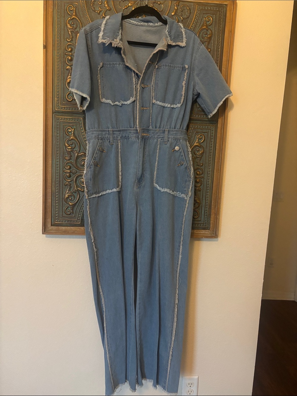 SHEIN Light Blue Fringe-Trim Denim Jumpsuit Women L